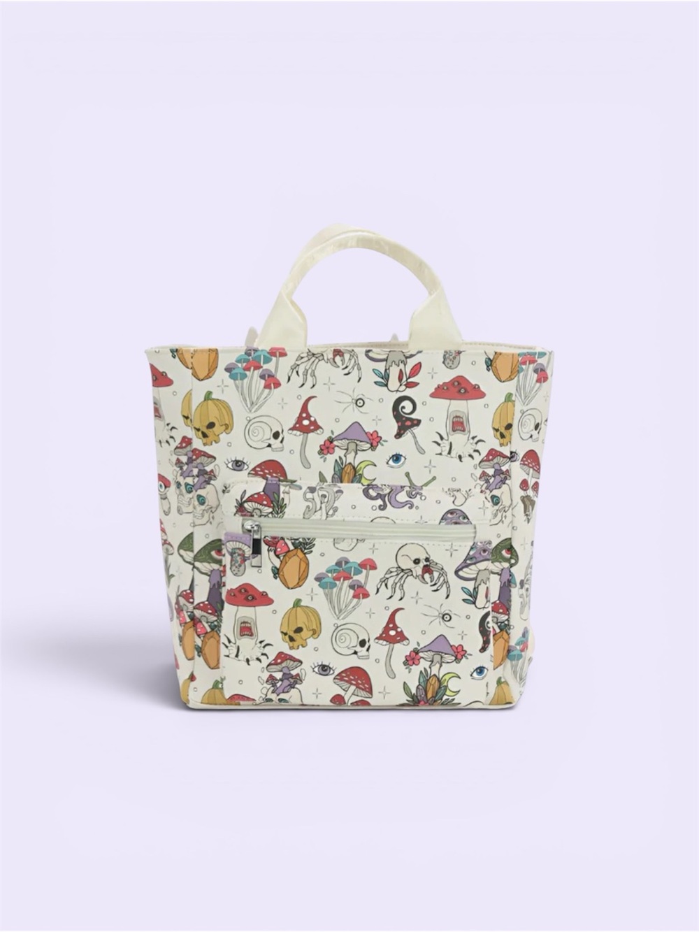 Goth Cream Tote with Colorful Mushroom & Skull Print Mini Backpack